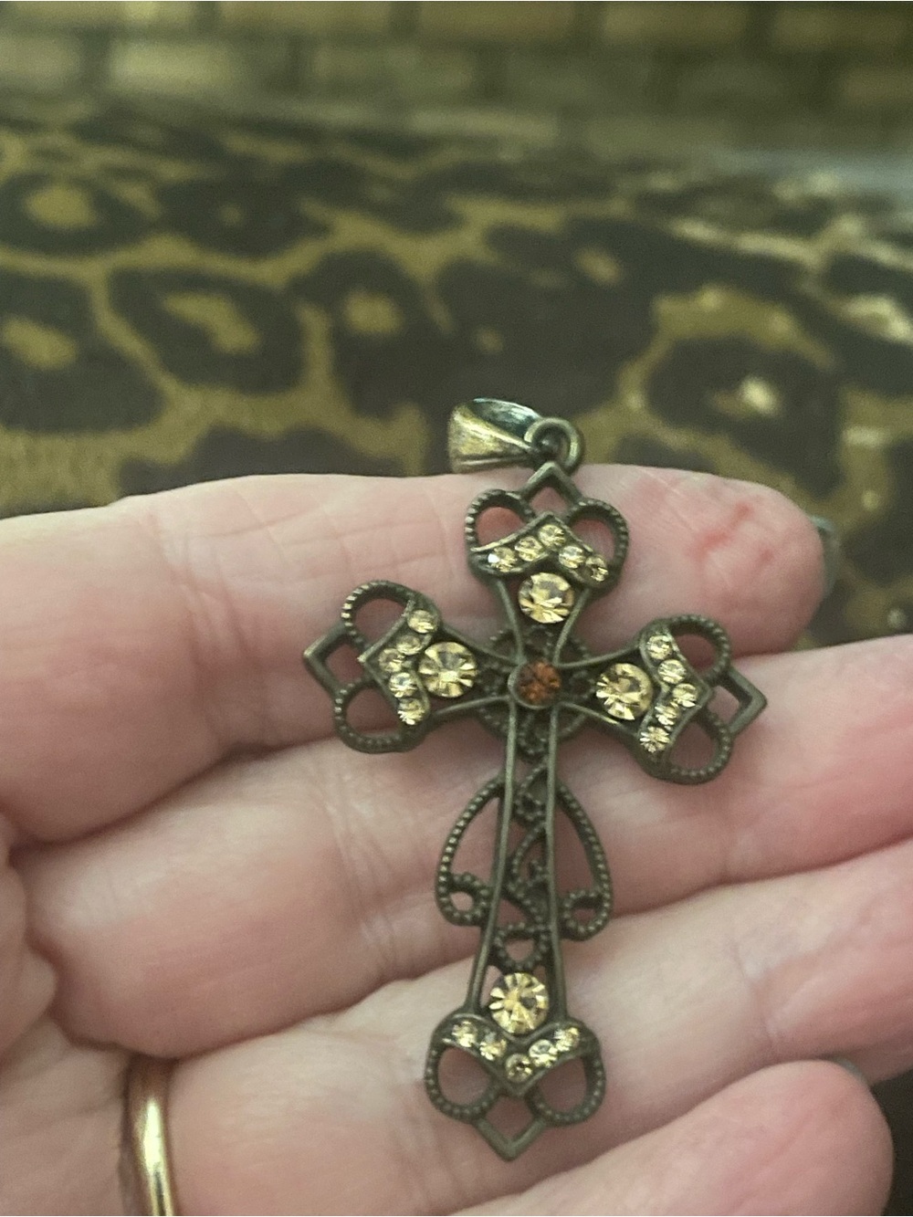 Antique-Style Bronze Cross Pendant with Champagne Crystals